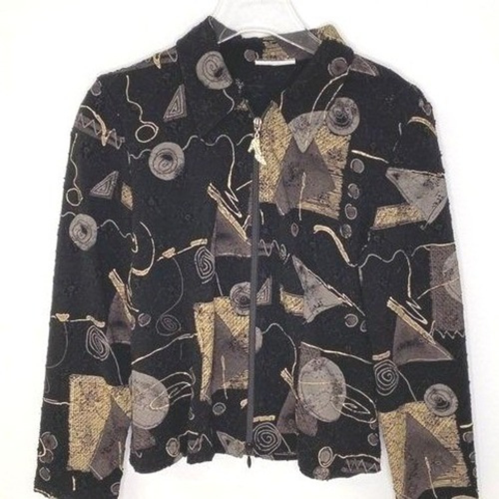 Vintage Abstract Geometric Zip Up Jacket Black Gold Rhinestone Shoe Pull Sz M